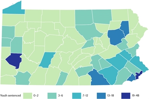 Map of number of youth sentenced by Pennsylvania counties